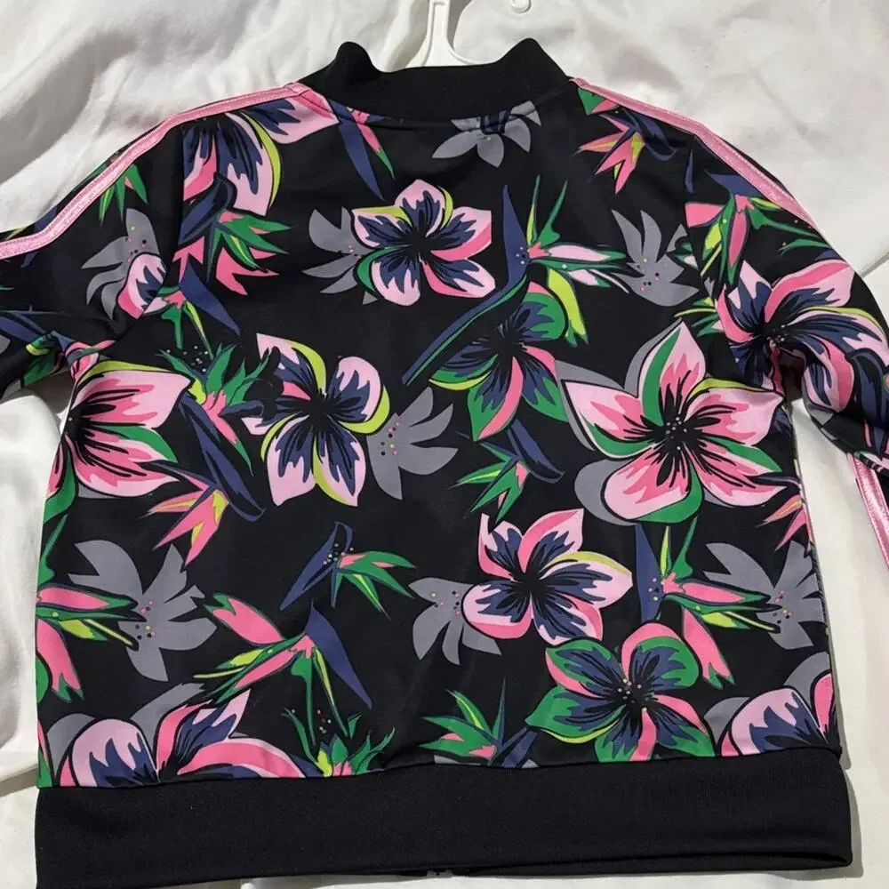 Adidas Kids Floral track Jacket 10/12- Black, Pink, and Green euc like new